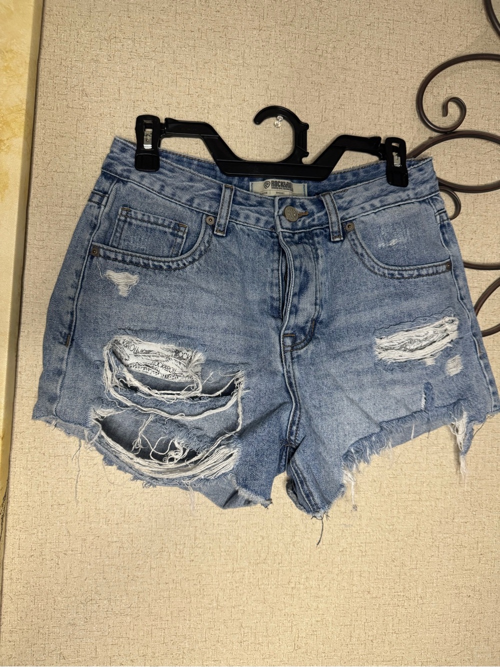 Rock & Roll Cowgirl Distressed Light Blue Denim Cutoff Shorts